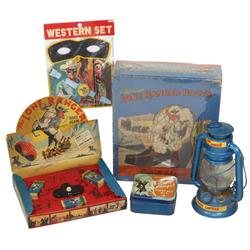 Lone Ranger items (5), includes Chuck Wagon Lantern, First Aid Kit, Acme Product No. 400, movie came