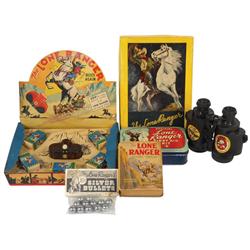 Lone Ranger items, includes camera & movie set in orig box, binoculars, First Aid Kit, Silver Bullet