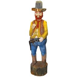 Western folk art, carved wooden cowboy figure from C Bar B Trading Post, Tonopah, NV, well weathered