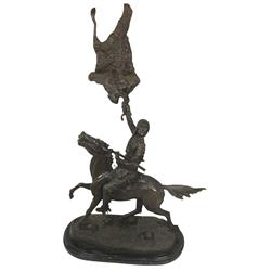 Remington bronze statue on marble base, Indian brave w/shotgun holding up a buffalo hide, 1950's-196