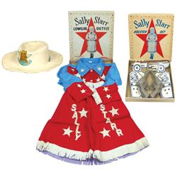 Sally Starr cowgirl outfit by Pla-Master Play Suits, mfgd by Herman Iskin & Co., cowgirl hat by Coro