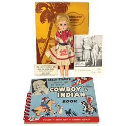 Sally Starr cowgirl doll, hard plastic w/orig clothing, coloring book, clothing box & glossy photo w