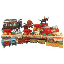 Western toys (9), includes Overland Stagecoach, battery-operated-Japan, 4 Hardy wagon sets in boxes,