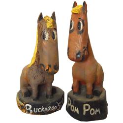 Western folk art carved wooden ponies (2), from C Bar B Trading Post-Tonopah, NV, both well weathere