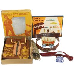 Davy Crockett toys (6), Erwin Flintlock pistol, Exc cond w/store tag, Davy Crockett leather belts w/