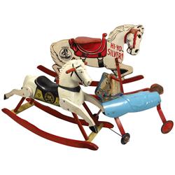 Toy horses (3), Lone Ranger Hi-Yo Silver rocking horse, 22"H x 35"W, Davy Crockett by Rich Toys, 21"