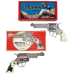 Hubley Texan cap guns in boxes (2), Texan Jr. repeating No. 250 in orig box & 50-shot Repeating No. 