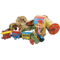 Western toys (4), Fischer Price Pony Chime, Walking Monkey Cowboy litho on tin windup in box-Japan (