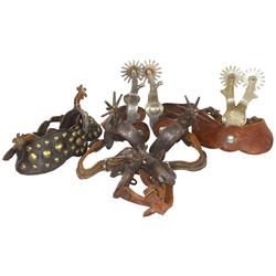 Spurs (5 pr), includes fancy gal-leg set w/J.P. Henry fancy leather straps, Exc cond, other sets VG 