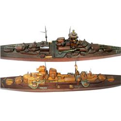 WWII scale model German warships (9) in custom wooden display case, built by Japanese craftsmen at t
