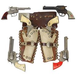 Gene Autry items (6), 2 Gene Autry 44 cap guns by Leslie-Henry, 11"L w/double holster, Champion cap 