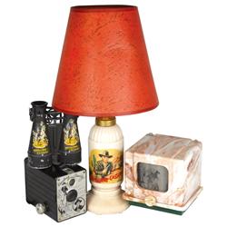 Hopalong Cassidy items (4), table lamp w/orig decal (Exc), TV (VG), camera (VG) & binoculars (Good),