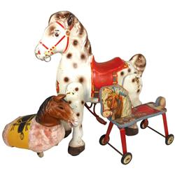 Toy riding horses (3), Mobo, made in England, 31"H x 26"L, wooden horse on wheels by Gong Bell, 17"H