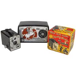 Hopalong Cassidy box camera in orig box w/instructions, VG cond, c.1940 & Hopalong Cassidy Arvin rad