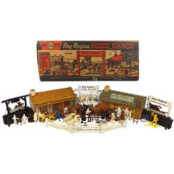 Roy Rogers ranch lot, Marx RR Double R Bar tin ranch cabins, accessories, figures, etc, c.1950's, VG