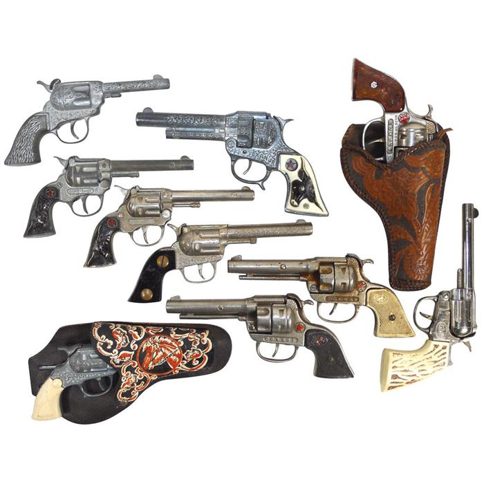 Toy cap guns (10), includes Halco Paladin, 3 Cowboys, Hubley Sure Shots ...