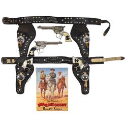 Hopalong Cassidy cap gun & holsters sets (2) w/Geo. Schmidt guns, c.1950's, one cap gun has broken g