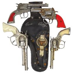 Gene Autry cap guns (4) & holster, different variations mfgd by Era, BH & others, c.1940's-1950's, G