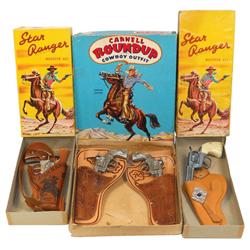 Toy cap guns & holsters, 2 Star Ranger cap guns & holsters in boxes & Carnell Round-Up w/double hols