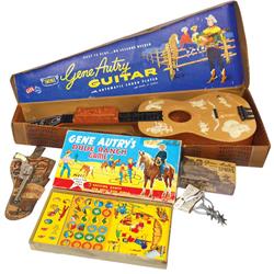Gene Autry guitar, made by Emenee Musical Toys, stress crack in body, missing strings & 3 pegs, Gene