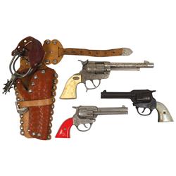 Gene Autry items, includes 2 Gene Autry cap guns, 8" & 8.5"L, Gene Autry cap gun & holster by Leslie