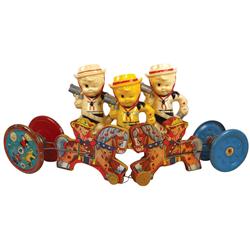 Western toy items (5), includes 3 cowboy pitchers, 10"H & 2 Gong Bell wood & metal pull toys, 16.6"L