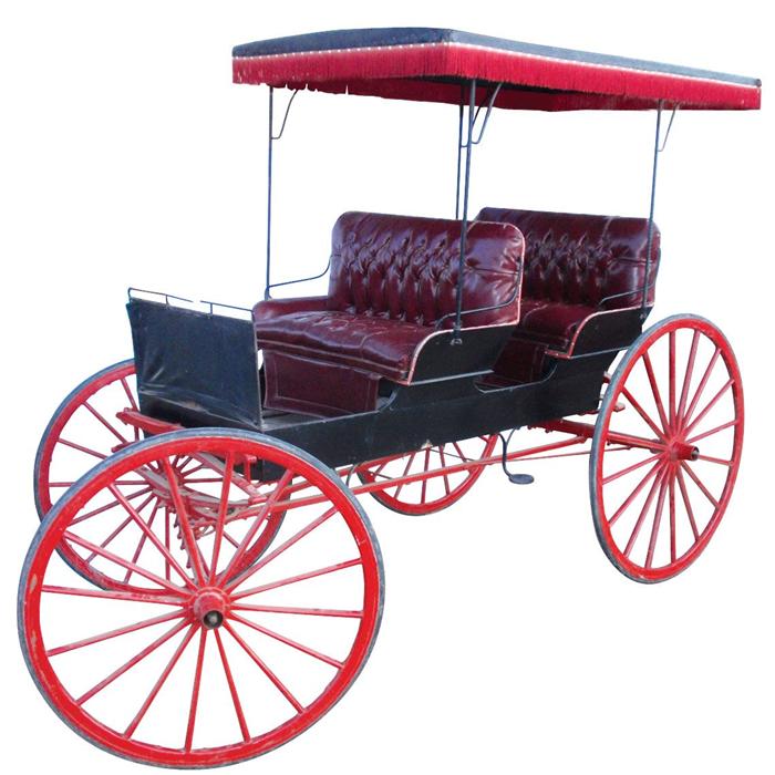 Horsedrawn carriage, 2seater w/rubber tires & red fringed top, early