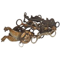 Horse bits & set of spurs (6), includes early 1900's cast iron bird bit & early 1900's fancy Mexican