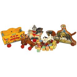 Western pull toys (4), toy wagon w/horse by Fischer Price, 18.5"L, mechanical cowboy on horse, c.194