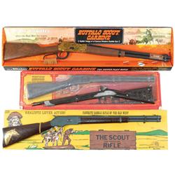 Toy rifles (4), NOS Marx Scout Rifle, NOS Western Heritage by Kusan, Hubley Buffalo & NOS Daisy Buff