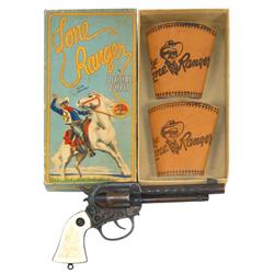 Lone Ranger cuff set in box by L.R. Co., Inc. & Lone Ranger cap gun, c.1940's, Exc cond.