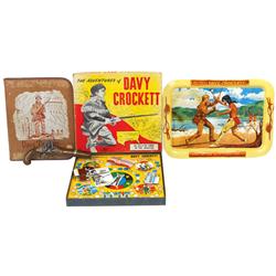 Davy Crockett items (4), game by Harett-Gilmar, flintlock pistol, vinyl zipper folder & tin tray, c.
