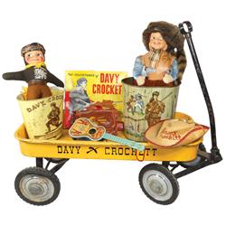 Davy Crockett items, includes coaster wagon, 2 wastebaskets, 2 dolls, hat, clothing box, vinyl dispa