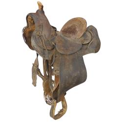 Saddle, unmarked half-seat saddle w/14" seat, c.1880's to 1890's in Fair cond.