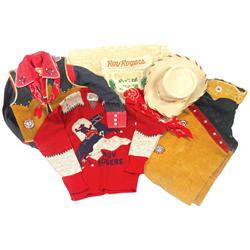 Roy Rogers clothing, includes sweater, hat, scarf, leather chaps & vest, shirt & bedspread, all c.19