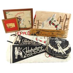 Hopalong Cassidy items, includes double saddlebag, 2 different sized pennants, wooden Hoppy's Bunkho