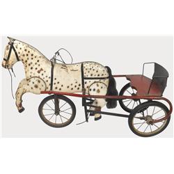 Toy riding horses (2), one metal w/cart, one leather-covered wood, both in VG cond, largest is 25"H 