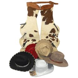 Roy Rogers cowboy hats (5) & child's cowhide chaps, one hat has Roy's signature, all Exc cond.