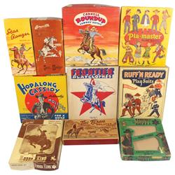 Children's holster set box & Western clothing boxes (10), nice boxes w/colorful graphics, c.1940's-1