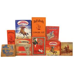 Children's Western clothing & holster set boxes (9), nice boxes w/colorful graphics, c.1940's-1950's