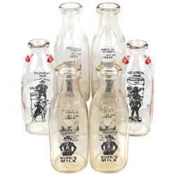 Hopalong Cassidy milk bottles (6), 2 styles for Dairylea Milk & Kuhl's Milk, all qts, Exc cond & 9"H