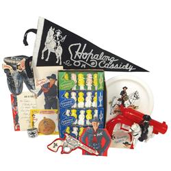 Hopalong Cassidy & Western items, includes complete box of 12 NOS pkgs of cowboy & cowgirl birthday 