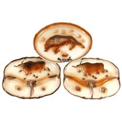 Western ceramics platters (3), made by Lane & Co., Van Nuys, CA, c.1959, 2 longhorns & 1 bucking bul