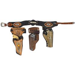 Toy cap guns & holsters, Hubley Texan Jr. gold cap gun in metal holster, Red Ranger cap gun w/holste