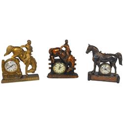 Western horse clocks (3), all metal, all different, one missing set knobs, o/wise all VG untested co
