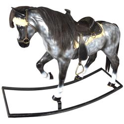 Rocking horse, dapple grey w/leather saddle, fiberglass body w/metal rockers, Exc cond, 40"H x 50"W.