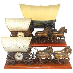 Western stagecoach radio & clocks (3), all cast metal in VG untested cond, 14" & 21"L.