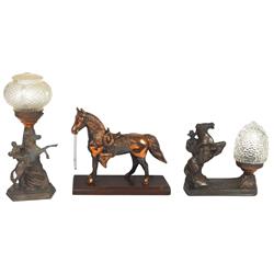 Western horse lamps (3), cast white metal, all VG cond, 9" to 16"H.