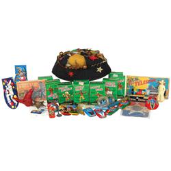 Child's beanie w/plastic & metal charms, badges, whistles & Marx Warriors of the World figures in bo