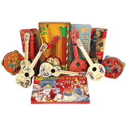 Toy musical instruments (10), includes carnival banjo, Cowboy Ge-Tar, All Kazoo Dixieland band, tin 